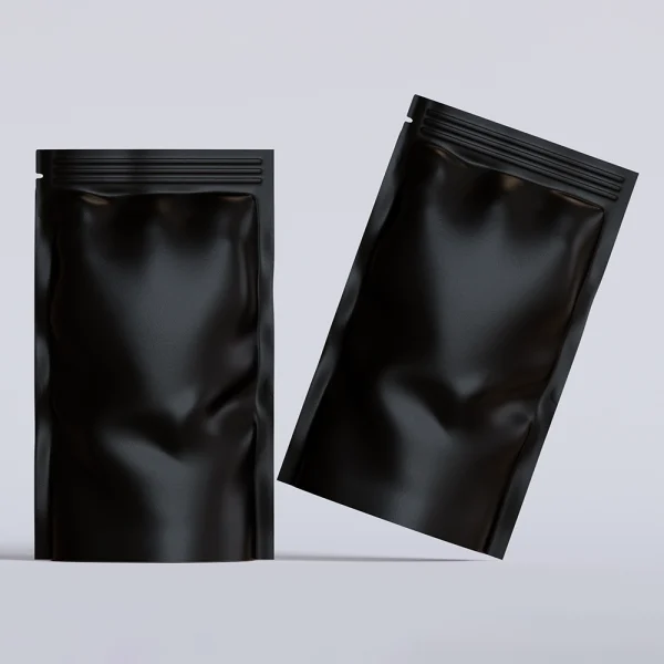 Black Mylar bag equipped with child-resistant zipper and tear notch